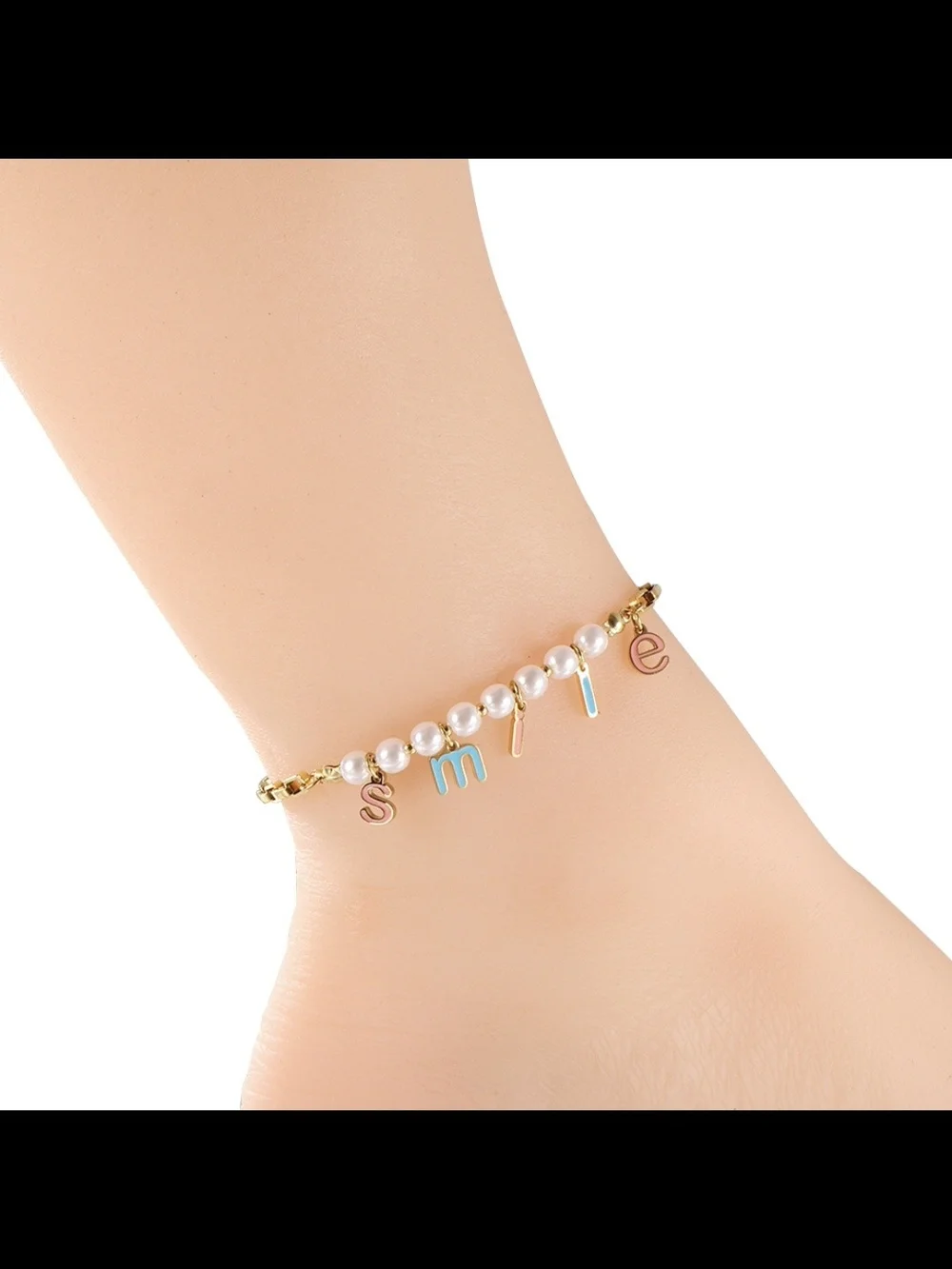 Gold Smiley Letter Charm Anklet with Pearls - Unbranded
